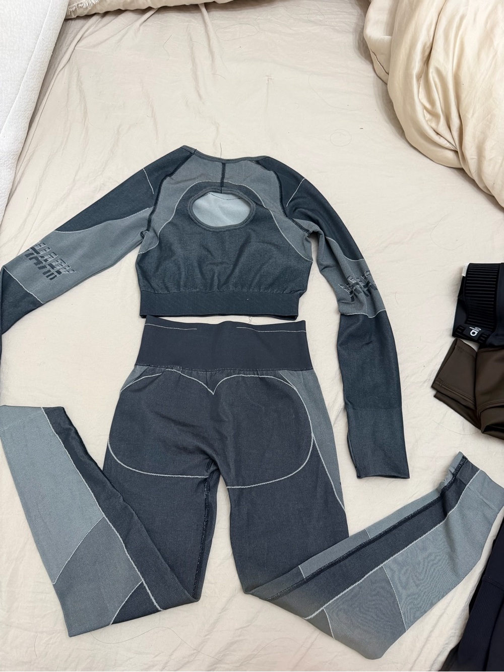 Gymshark Dark Gray & Light Gray Seamless Long Sleeve Crop Top and Leggings Set